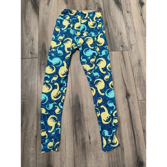 LulaRoe One Size Blue Yellow Dinosaur Leggings "Unicorn Rare Print" - Picture 2 of 4